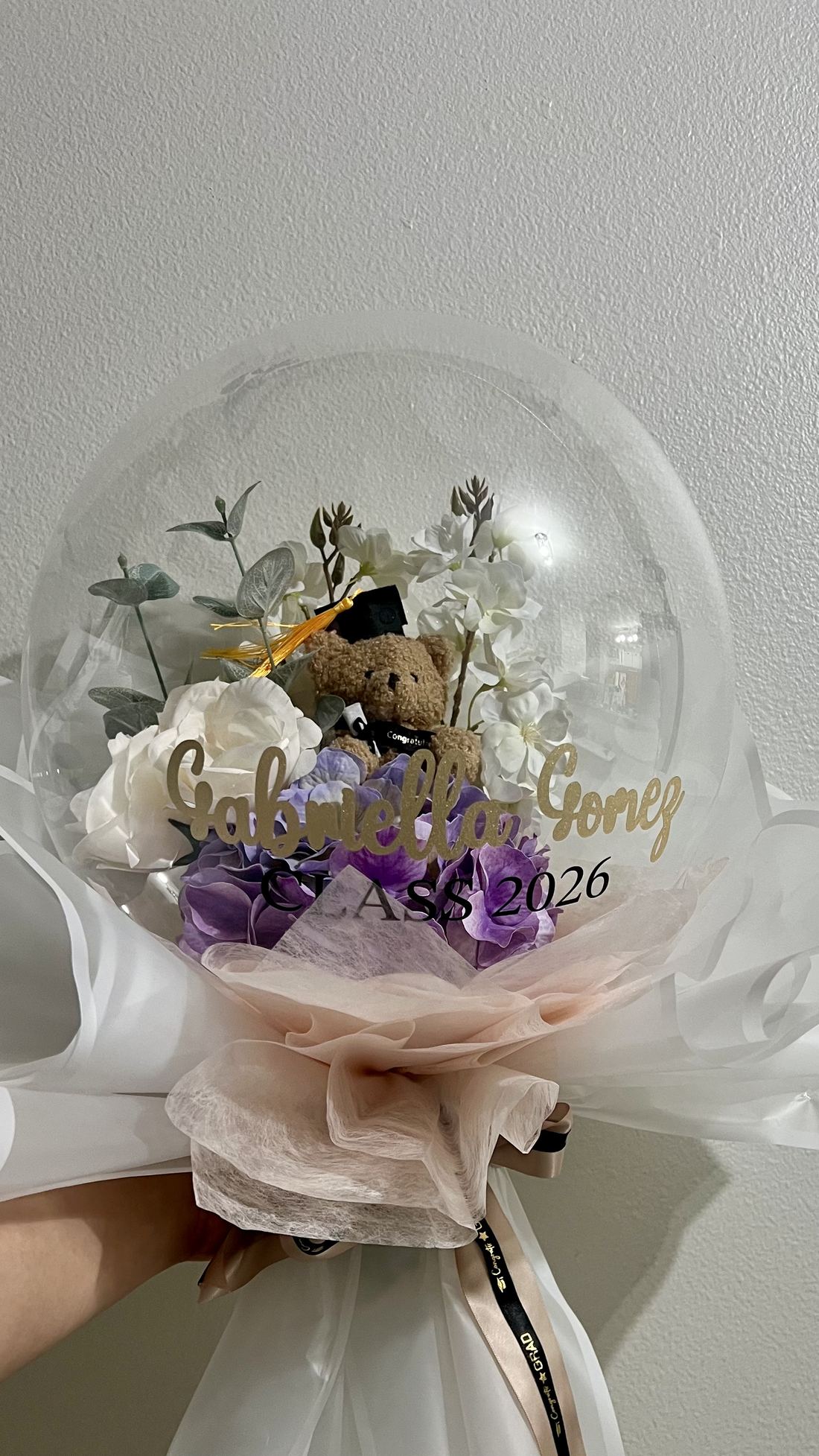 Graduation bobo balloon with purple hydrangea and personalized lettering